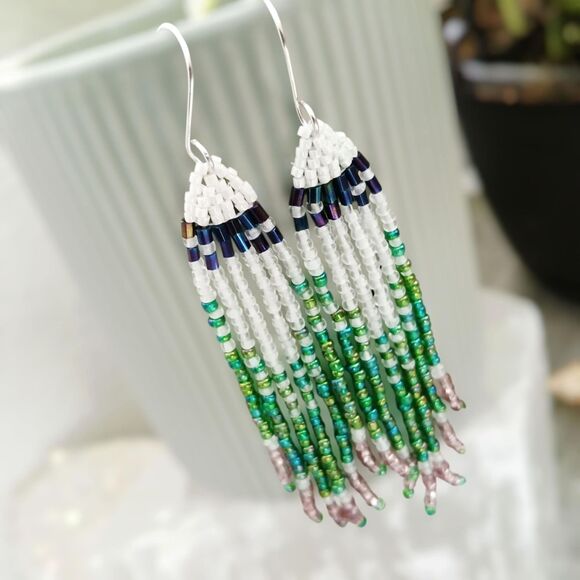 Boho Chic Seed Bead Fringe Tassel Dangle Earrings, Artisan Handmade Jewelry 3.5" - Picture 1 of 7